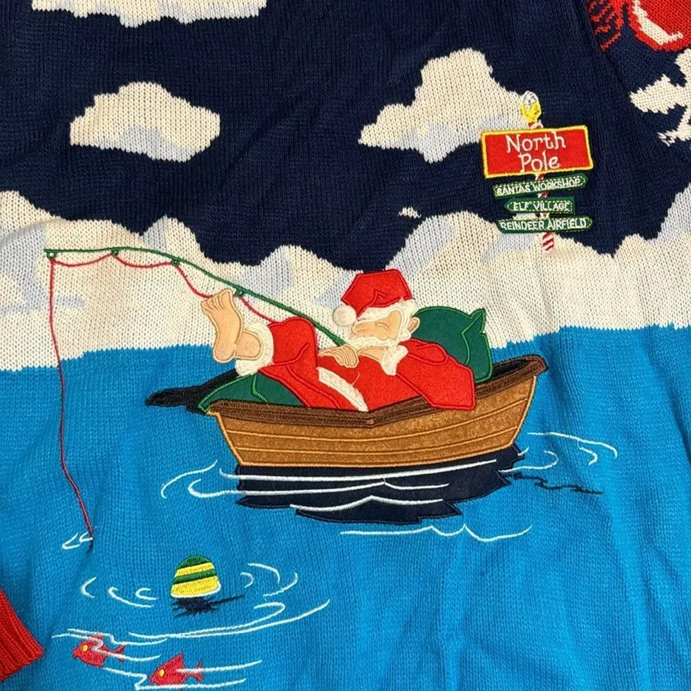 Blizzard Bay Santa Claus Fishing Mens Christmas Sweater Size Medium Xmas Ugly